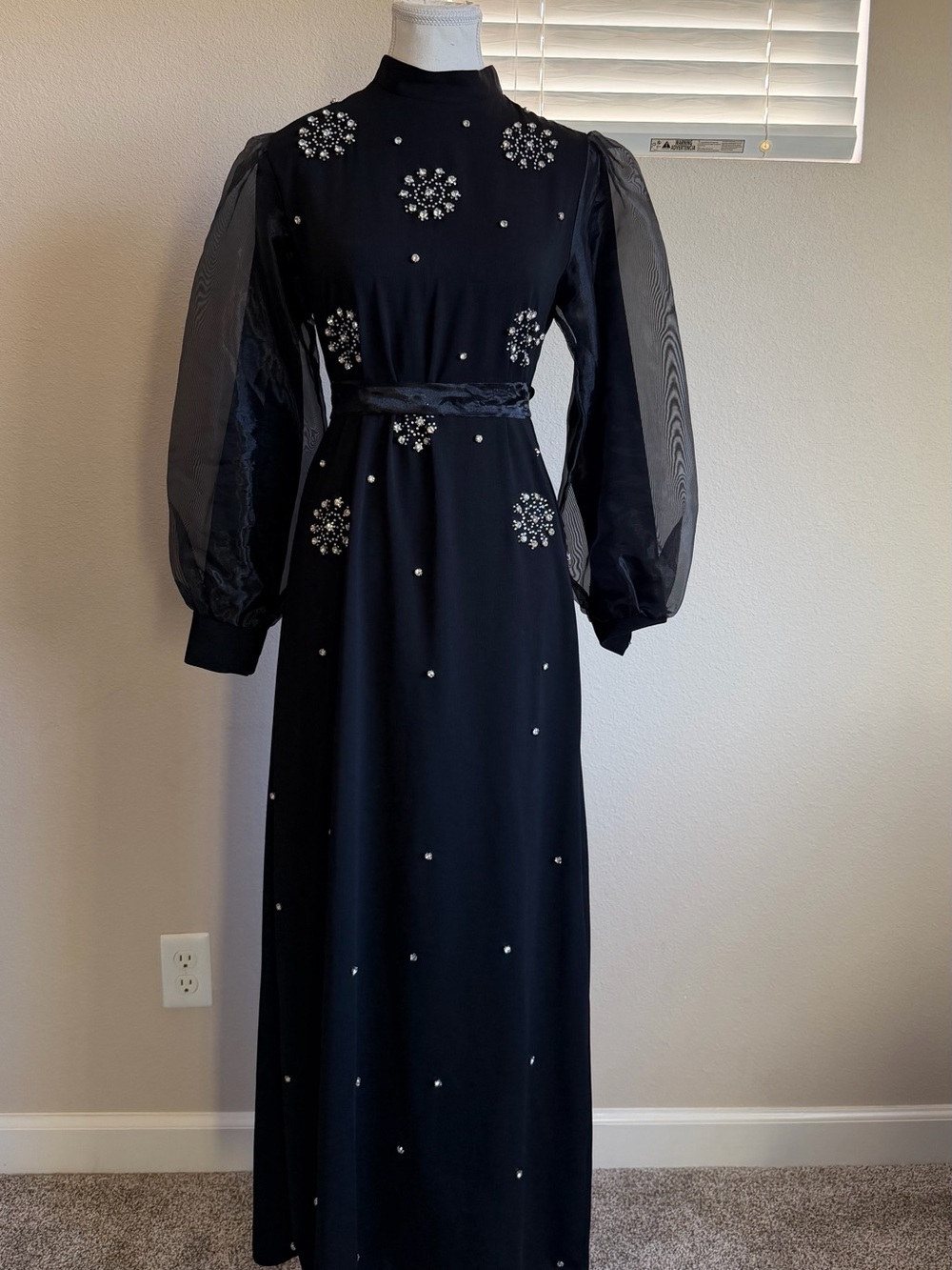 Black Embellished Long Sleeve Evening Dress